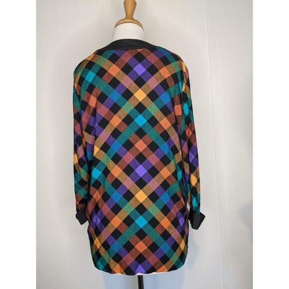 Vintage Plaid Open Front Cardigan Jacket Top M/L B42 80s Grosgrain Trim - Picture 2 of 3
